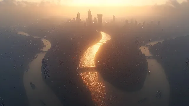 atmospheric phenomenon, Aerial photography, Haze, Bird's-eye view, Mist, River, Fog, Cityscape, Evening, Dusk, Sunrise, Estuary, Dawn, River island