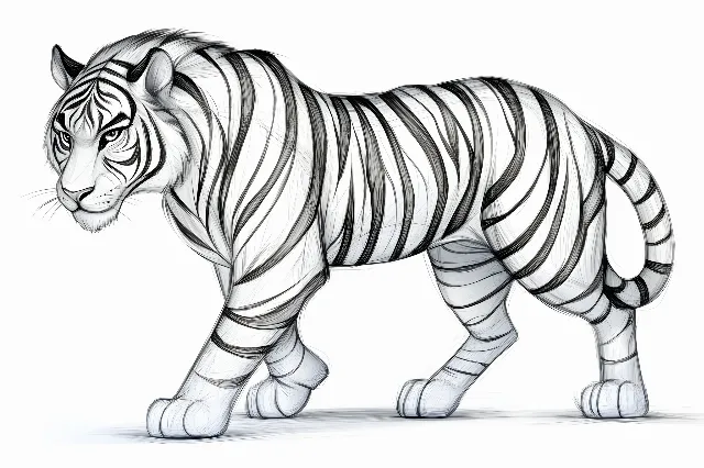 White, Line art, Terrestrial animal, Snout, Clip art, Tiger, Coloring book, Felidae, Graphics, Tail, Sketch, Siberian Tiger, Panthera, Bengal tiger