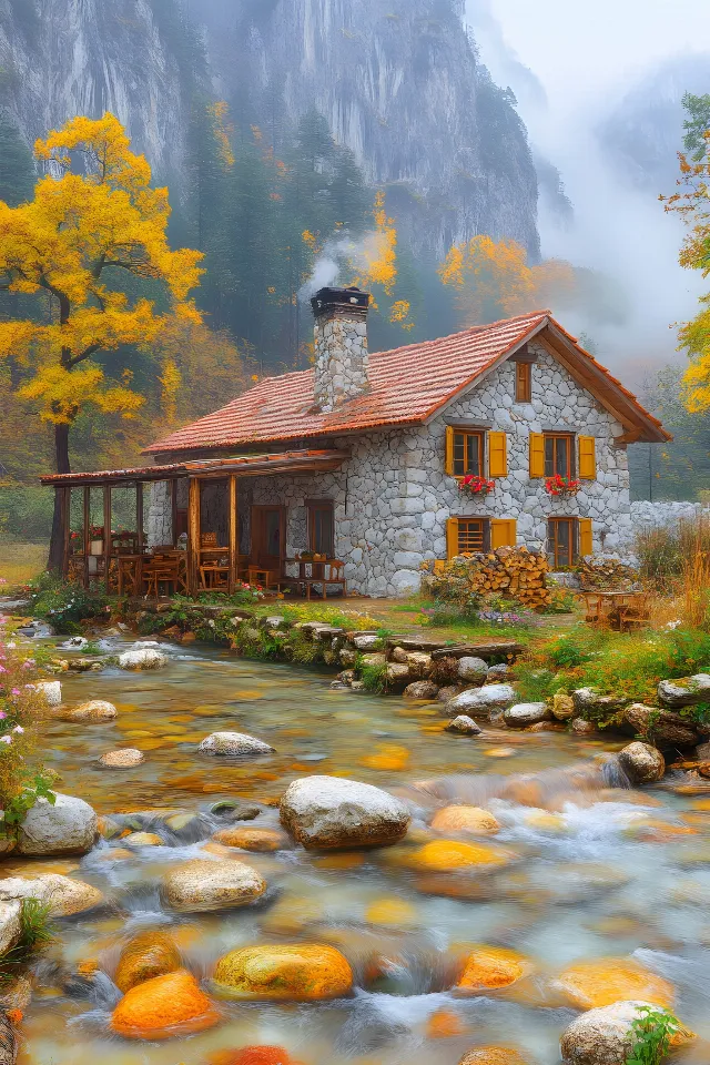 Nature, House, Cottage, Home, Stream, Autumn, Fluvial landforms of streams, Reflection, Village, Hut, Valley, Log cabin, Watercolor painting, Mountain river, Acrylic paint, Creek, Garden buildings, Mountain Village