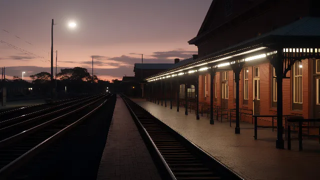 Sky, Cloud, Architecture, Street light, Dusk, Track, Electricity, Transport hub, Morning, Railway, Metropolitan area, Tints and shades, City, Urban area, Building, Afterglow, Wood, Darkness, Horizon, Evening