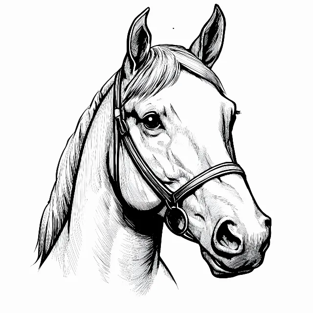 White, Horse, Line art, Drawing, Snout, Mare, Sketch, Working animal, Clip art, Mane, Coloring book, Pack animal, Horse tack, Stallion, Bridle, Livestock