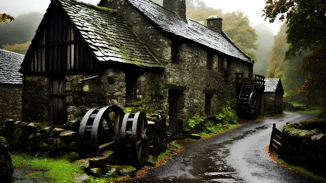 Plant, Building, Window, Natural landscape, Water, Gristmill, House, Wood, Tree, Highland, Cottage, Grass, Door, Rural area, Landscape, Road surface, Sky, Hut, Forest, Fell