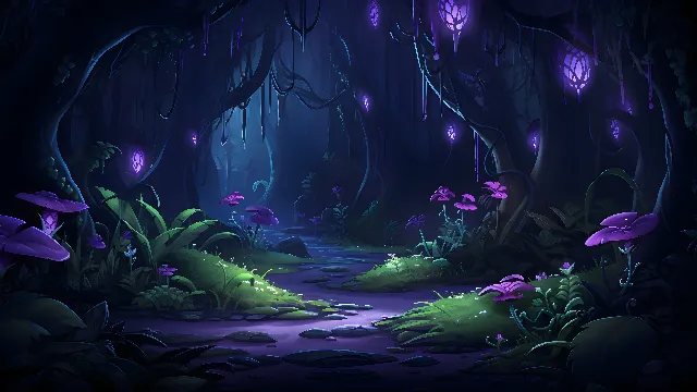 Plant, Purple, Organism, World, Art, Violet, Terrestrial plant, Cartoon, Cg artwork, Flower, Electric blue, Space, Magenta, Natural landscape, Darkness, Midnight, Entertainment, Graphics, Forest, Fictional character