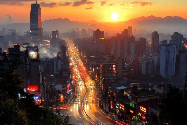 Urban area, City, Metropolitan area, Dusk, Road, High-rise building, Horizon, Afterglow, Orange, Landscape, Metropolis, Skyscraper, Cloud, Evening, Sunset, Highway, Cityscape, Controlled-access highway, Tower, Commercial building