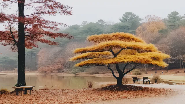 Plant, Sky, Natural landscape, Branch, Tree, Biome, Body of water, Atmospheric phenomenon, Wood, Landscape, Woody plant, Freezing, Deciduous, Tints and shades, Grass, Forest, Trunk, Winter, Conifer, Art