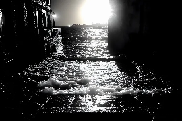 Water, Monochrome photography, Fluid, Liquid, Black, Monochrome, Black and white, Sea, Wave, Reflection, Ocean, Wind wave, Evening, Night