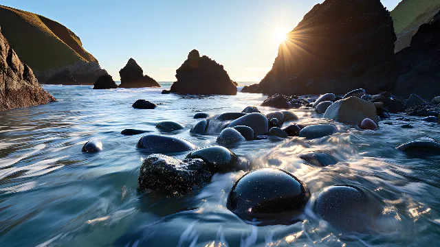 Water, Sky, Azure, Natural landscape, Sunlight, Coastal and oceanic landforms, Horizon, Landscape, Morning, Beach, Wind wave, Formation, Dusk, Calm, Sunrise, Afterglow, Shore, Wave, Rock, Reflection