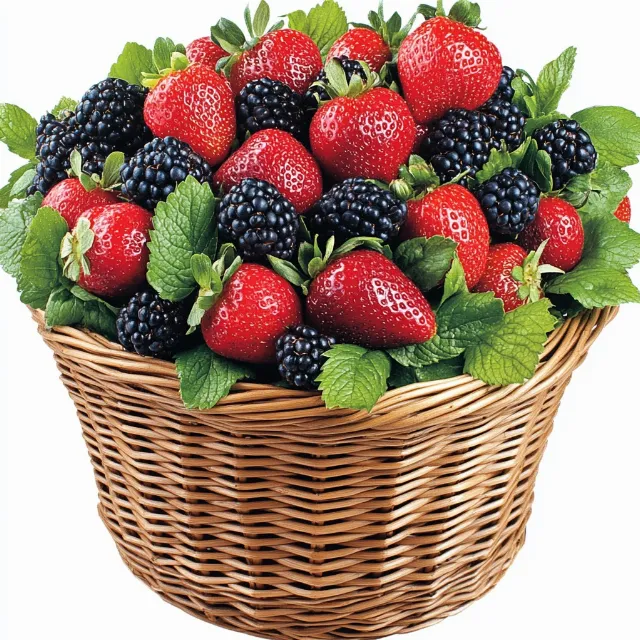 Fruit, Produce, Red, Food, Basket, Natural foods, Berry, Wicker, Strawberry, Strawberries, Storage Basket, Food group, Seedless fruit, Superfood, Staple food, Picnic basket, Wild strawberry, Virginia strawberry