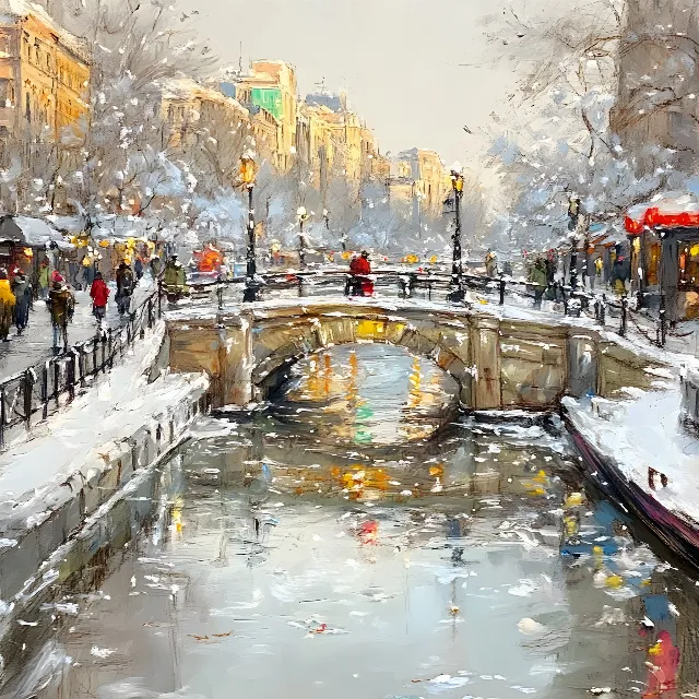 Canal, Bridge, Winter, Channel, Reflection, Watercolor painting, Arch bridge, Paint, Precipitation, Modern art, Acrylic paint