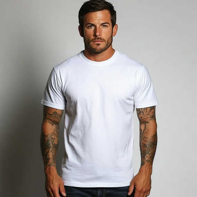 Sleeve, Shoulder, T-shirt, White, Neck, Jaw, Standing, Textile, Muscle, Facial hair, Active Shirt, Elbow, Denim, Waist, Beard, Thorax, Torso, Grey, Pocket, Stomach