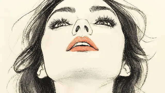 Cheek, Eyebrow, Lips, Eyelash, Jaw, Eye, Facial expression, Drawing, Black hair, Art, Black, Sketch, Line art, Portrait, Illustration, Long hair, Black and white, Self-portrait, Lipstick, No expression