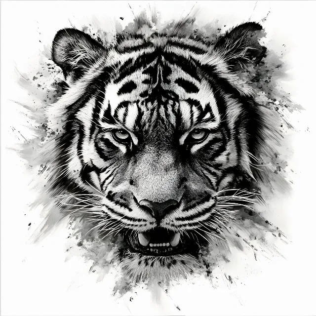 White, Tiger, Monochrome photography, Panthera, Bengal tiger, Felidae, Black and white, Siberian Tiger, Snout, Design, Line art, Whiskers, Graphics