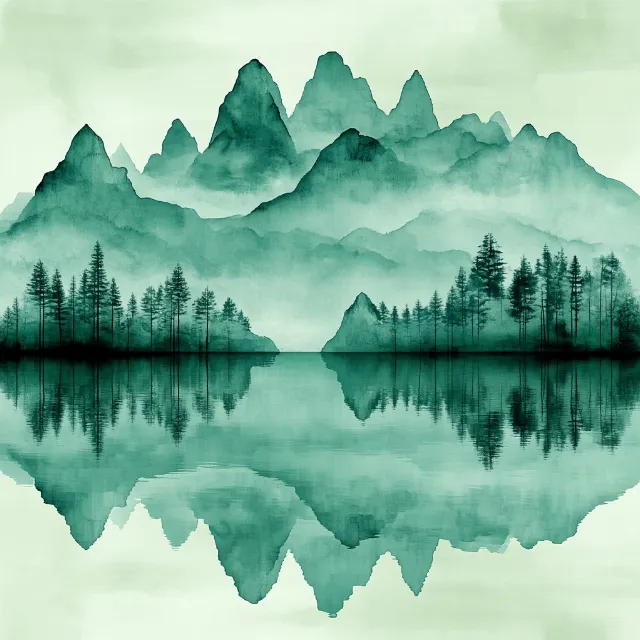 Reflection, Mountain river, Watercolor painting, Lake District, Mist, Loch, Fog, Modern art