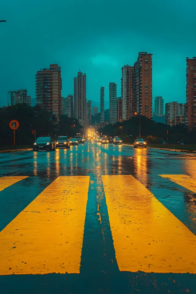 Yellow, City, Road, Urban area, Metropolitan area, Street, High-rise building, Skyscraper, Thoroughfare, Metropolis, Lane, Commercial building, Tower, Highway, Zebra crossing, Evening, Cityscape, Condominium, Pedestrian crossing, Dusk