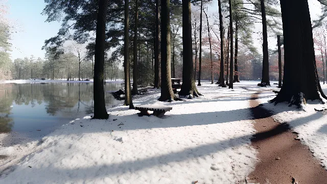 Sky, Leaf, Natural landscape, Wood, Tree, Branch, Plant, Snow, Trunk, Sunlight, Shade, Twig, Water, Woody plant, Freezing, Landscape, Bench, Tints and shades, Forest, Deciduous