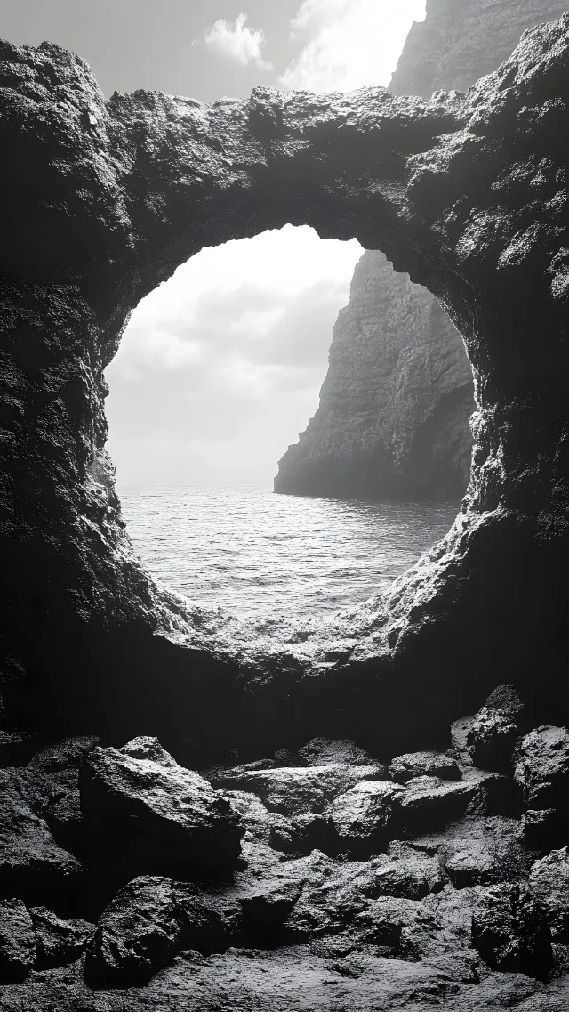 Rock, Arch, Geological formation, Sea, Natural arch, Monochrome photography, Coastal and oceanic landforms, Black, Coast, Ocean, Geology, Cave, Sea cave, Monochrome, Erosion, Bedrock, Headland, Promontory, Cliff, Wave