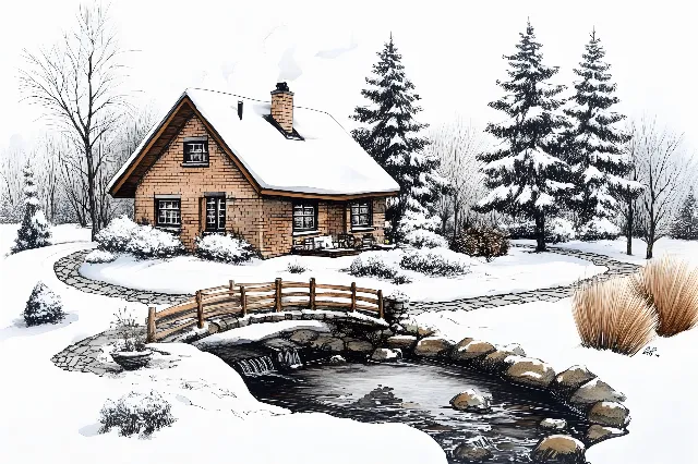 Winter, Snow, Home, House, Cottage, Roof, Freezing, Frost, Precipitation, Village, Design, Hut, Watercolor painting, Paint, Log cabin, Conifers, Sugar shack, Pine family, Pine, Fir