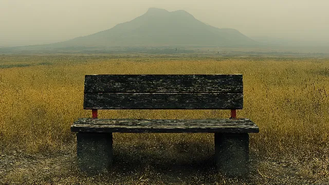 Outdoor Bench, Furniture, Bench, Outdoor furniture, Natural landscape, Horizon, Landscape, Ecoregion, Plain, Morning, Street furniture, Sunlight, Steppe, Prairie, Hinterland, Evening, Savanna, Mist, Tundra