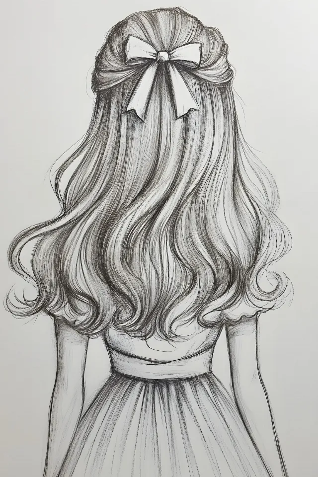 White, Drawing, Line art, Fashion illustration, Long hair, Sketch, Monochrome, Black and white, Illustration, Design, Graphics, Day Dress