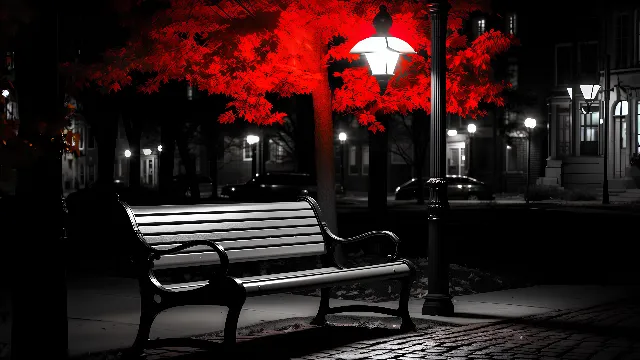 Light, Black, Architecture, Outdoor bench, Red, Road surface, Bench, Tints and shades, Tree, City, Midnight, Beauty, Couch, Darkness, Automotive lighting, Design, Street furniture, Art, Road, Outdoor furniture