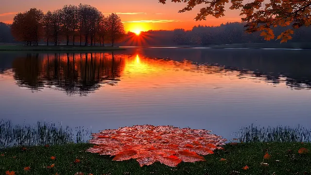 Water, Sky, Plant, Water resources, Cloud, Light, Natural landscape, Nature, Tree, Afterglow, Natural environment, Leaf, Orange, Dusk, Lake, Body of water, Sunlight, Sunset, Flower, Biome