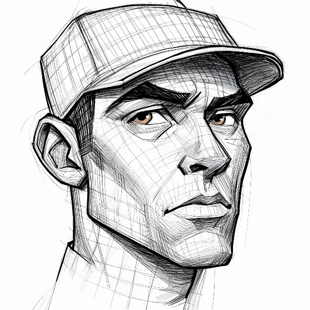 Neck, Headgear, Drawing, Sketch, Line art, Cap, Illustration, Facial hair, No expression, Self-portrait, Design, Graphics