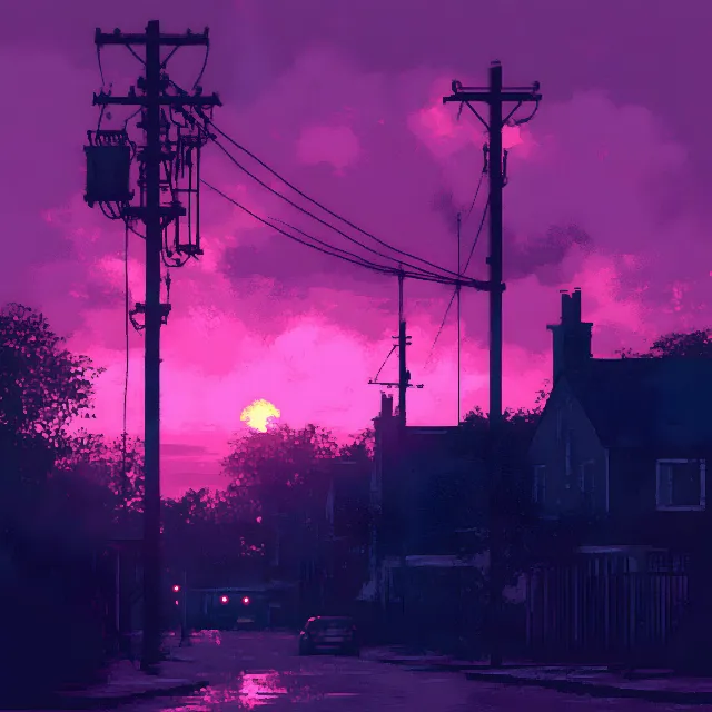 Dusk, Overhead power line, Electricity, Pink, Afterglow, Evening, Electrical cable, Purple, Sunset, Electrical Supply, Electrical network, Red sky at morning, Wire, Sunrise, Silhouette, Meteorological phenomenon, Dawn, Night