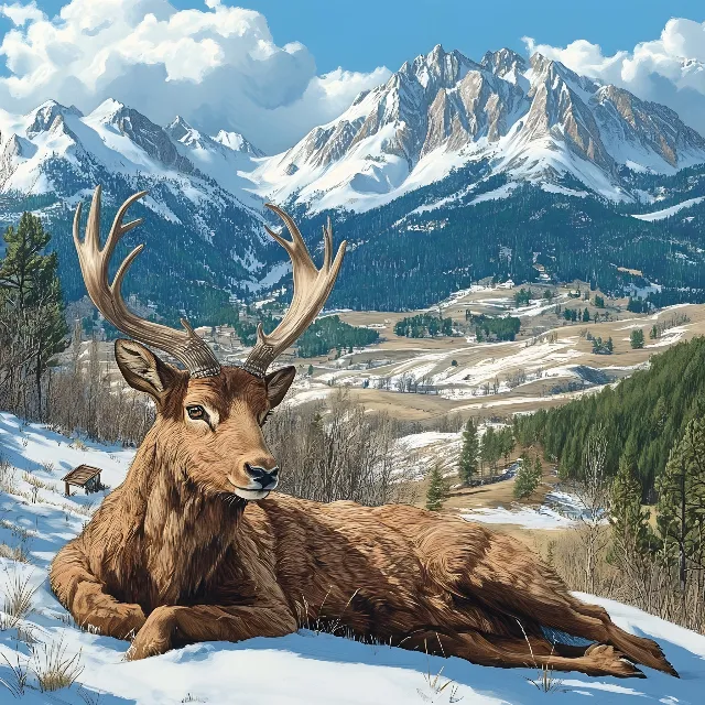 Mountainous landforms, Deer, Reindeer, Antler, Mountain, Elk, Wildlife, Horn, Mountain range, Hill, Antelope, Landscape, Wilderness, Highland, Valley, Snow, Winter, Barren-ground caribou, Morning, Alps