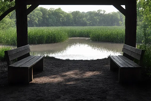 Wood, Furniture, Outdoor Bench, Bench, Outdoor furniture, Wetland, Street furniture, Shade, Park, Reflection, Pond, Lacustrine plain, Shadow, Marsh, Bayou, Plank, Hinterland, Freshwater marsh, State park