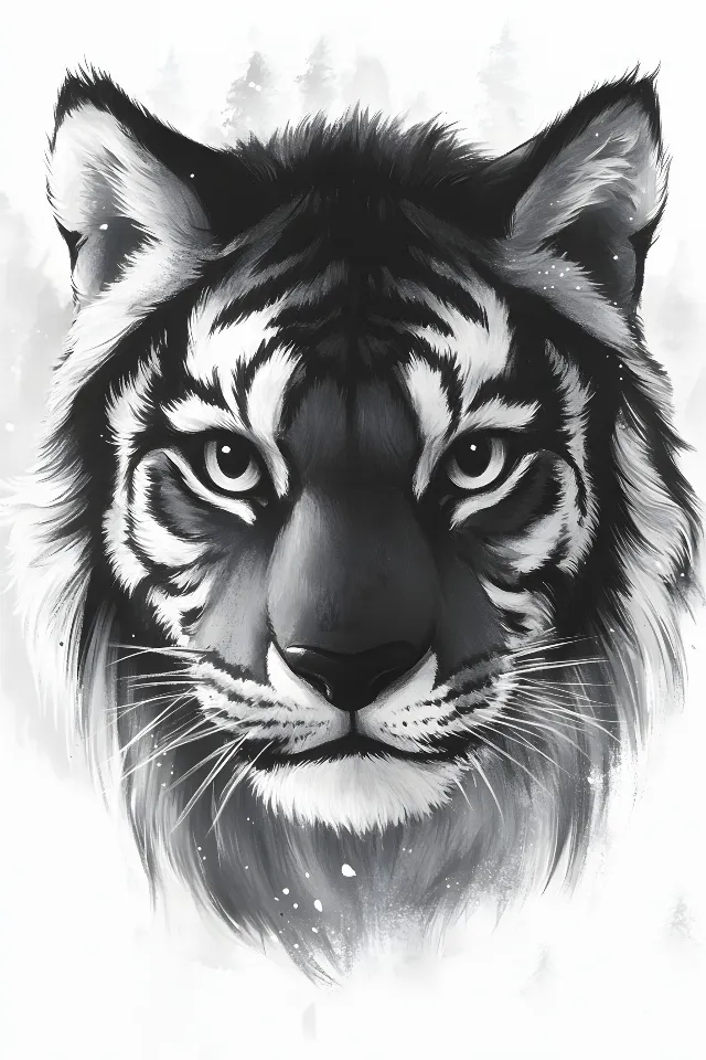 White, Tiger, Facial expression, Felidae, Siberian Tiger, Monochrome photography, Bengal tiger, Snout, Panthera, Whiskers, Carnivores, Black and white, Terrestrial animal, Wildlife, Monochrome, Line art, Design, Graphics, Sketch