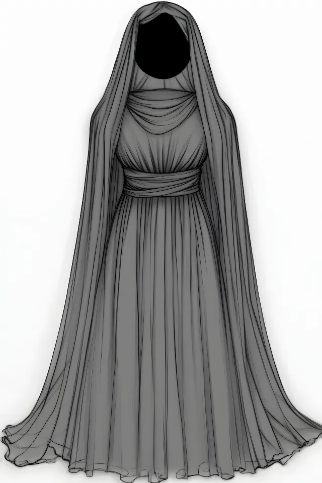 Fashion illustration, Long hair, Fashion design, Abaya, Costume design, Cloak, Sketch, Gown, One-piece garment, Line art, Cape, Shawl, Day Dress