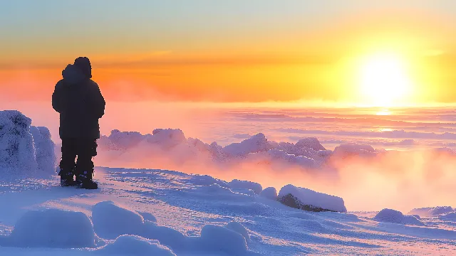 Winter, Afterglow, Sunrise, Sunset, Orange, Cloud, Dusk, Snow, Freezing, Sun, geological phenomenon, People in nature, Morning, Ice cap, Sunlight, Red sky at morning, Arctic, Dawn, Travel, Glacial landform