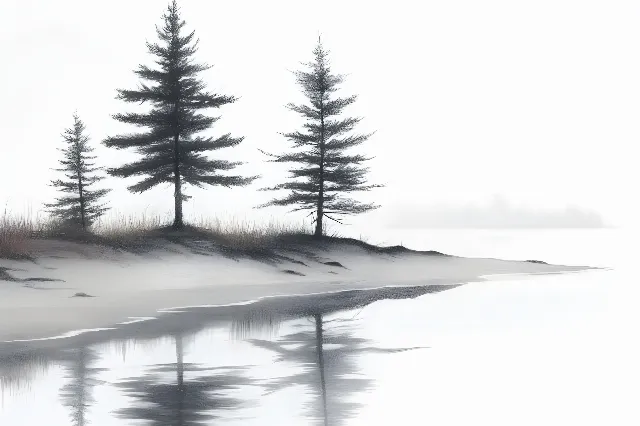 atmospheric phenomenon, Fog, Mist, Woody plant, Reflection, Larch, Winter, Black and white, Conifers, Evergreen, Freezing, Snow, Haze, Pine family, Black spruce, Spruce-fir forests, Fir, Pine, Cupressaceae, Lake District