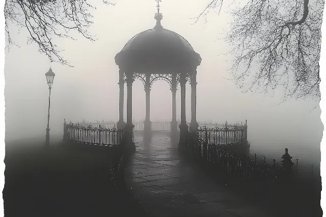 atmospheric phenomenon, Fog, Mist, Haze, Morning, Monochrome, Grey, Bridge, Black and white, Gazebo, Winter, Evening, Symmetry, Fence, Wind, Outdoor Structure, Walkway