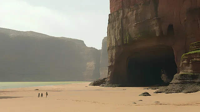 Sky, Coastal and oceanic landforms, Bedrock, Terrain, Landscape, Natural landscape, Mountain, Formation, Tints and shades, Horizon, Aeolian landform, Outcrop, Headland, Singing sand, Klippe, Shore, Erosion, Geology, Sand, Arch