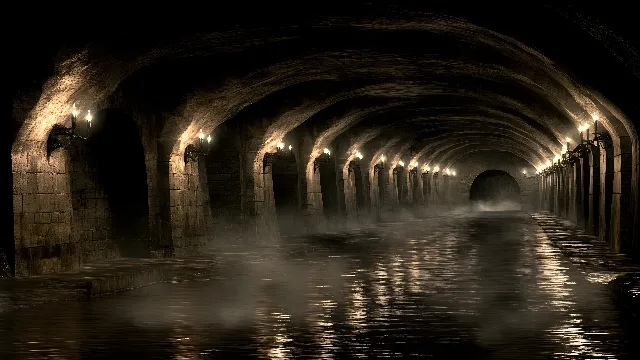 Water, Light, Tunnel, Bridge, Symmetry, Arch, Midnight, Darkness, Vault, Canal tunnel, Arcade, Reflection, Crypt, Stock photography, Night, Canal, Building, Dungeon, City, Art