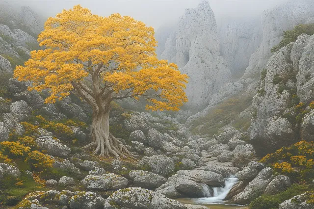 Natural landscape, Rock, Woody plant, Watercolor painting, Outcrop, Acrylic paint, Art Paint, Autumn, Modern art