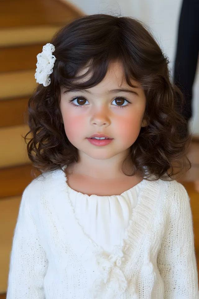 Hair, Skin, Hairstyle, Beauty, Smile, Facial expression, Pink, Eyelash, Child, Bangs, Brown hair, Portrait photography, Happiness, Child model, Toddler, Long hair, Portrait, Baby & Toddler Clothing, Feathered hair, Headpiece