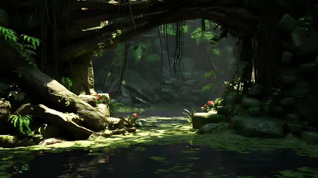 Plant, Leaf, Natural environment, Natural landscape, Branch, Terrestrial plant, Biome, Grass, Trunk, Landscape, Forest, Cg artwork, Wood, Art, Darkness, Jungle, Woodland, Aquatic plant, Temperate broadleaf and mixed forest, Video game software