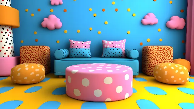 Yellow, Interior design, Pink, Design, Toy, Wallpaper, Graphics, Polka dot, Living room, Wall sticker, Daybed