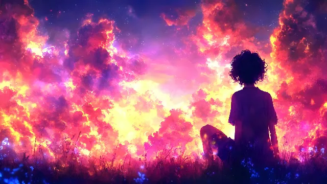 Universe, Star, Meteorological phenomenon, Astronomical object, Graphics, Nebula, Love, Animation, Fictional character, Anime, Night, Backlighting