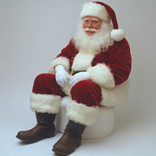 Beard, Santa Claus, Facial hair, Fictional character, Moustache, Headgear, Hat, Christmas Day, Sitting, Lap, Toy, Fur clothing, Sock, Holiday, Costume Hat, Pleased, Christmas Eve, Elder, Wrinkle