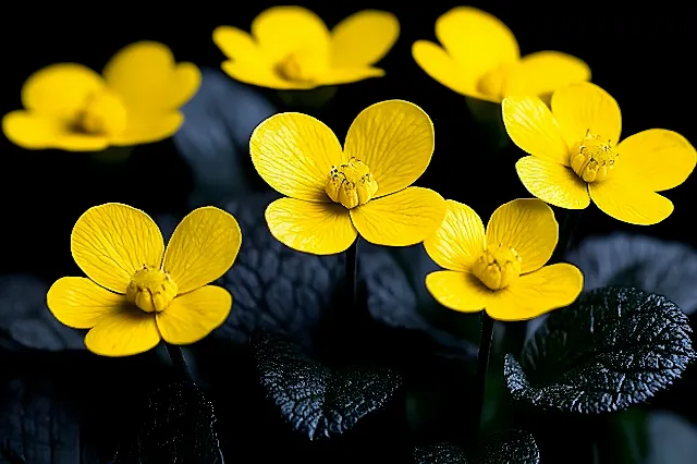 Flower, Petal, Yellow, Flowering plant, Close-up, Herbaceous plant, Marsh Marigold, Wildflower, Plant stem, Pollen, Macro photography, Wood sorrels, Perennial plant, Forb, Pedicel, Primrose, Dicotyledon, Violet, Cinquefoils, Wallflowers