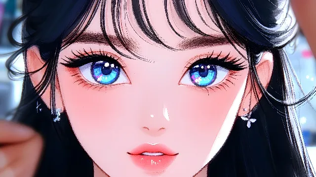 Eyebrow, Lips, Skin, Hairstyle, Eyelash, Beauty, Facial expression, Black hair, Pink, Long hair, CG artwork, Animation, Bangs, Hime cut, Lipstick, Cosmetics, Animated cartoon, Makeover, Anime, Eye shadow