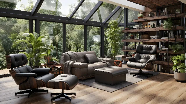 Furniture, Plant, Property, Couch, Interior design, Wood, Building, Floor, Chair, Flooring, Living room, Shade, Wall, Real estate, Armrest, Comfort, Hardwood, Ceiling, Houseplant, Room