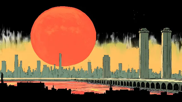 Tower, Metropolis, Dusk, Red sky at morning, High-rise building, Skyline, Cityscape, Skyscraper, Astronomical object, Sunset, Sunrise, Evening, Afterglow, Celestial event, Moon, Dawn