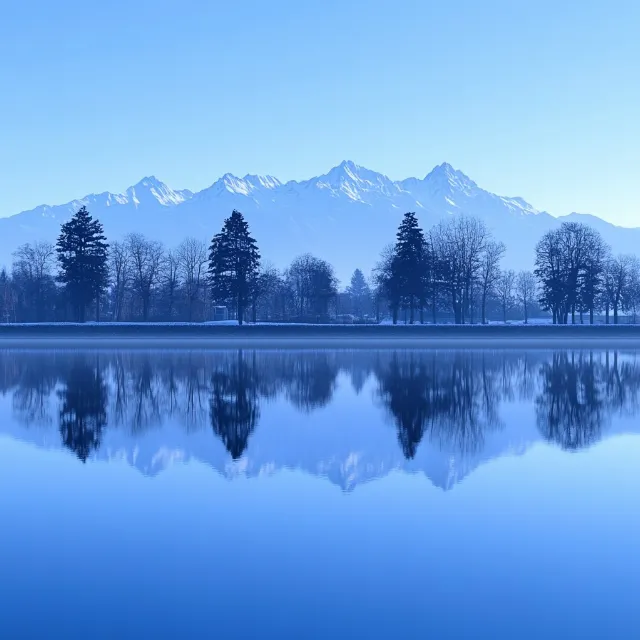 Blue, Water, Water resources, Body of water, Nature, Natural landscape, Reflection, Mountain, Bank, Lake, Mountain range, Loch, Winter, Larch, Reservoir, River, Alps, Symmetry, Lake District, Valley