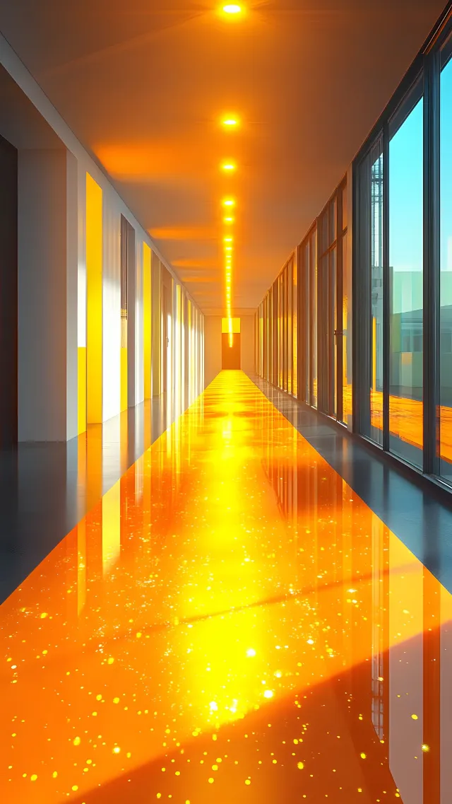 Yellow, Orange, Flooring, Lighting, Floor, Ceiling, Reflection, Symmetry, Cleanliness, Light fixture, Tile