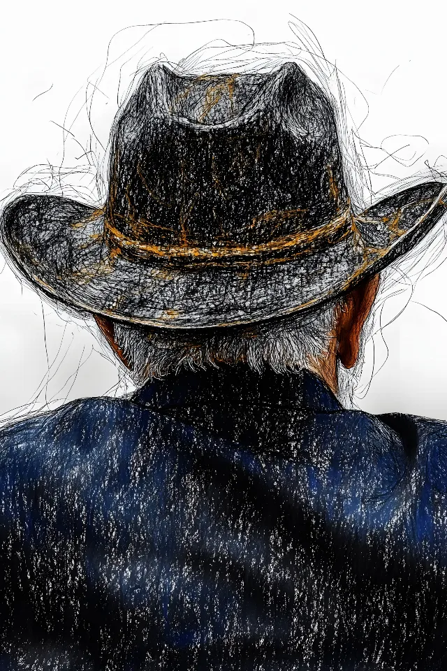 Hat, Headgear, Sun hat, Visual arts, Painting, Fedora, Drawing, Paint, Costume Hat, Cowboy hat, Cap, Illustration, Watercolor painting, Self-portrait, Modern art, Portrait, Sketch, Graphics, Private investigator