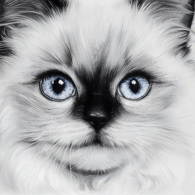 Cat, Felidae, White, Vertebrate, Felinae, Whiskers, Facial expression, Snout, Carnivores, Iris, Fur, Grey, Black and white, Birman, Ragdoll, Kitten, Ojos Azules, Line art, Siamese cat, Persian cat